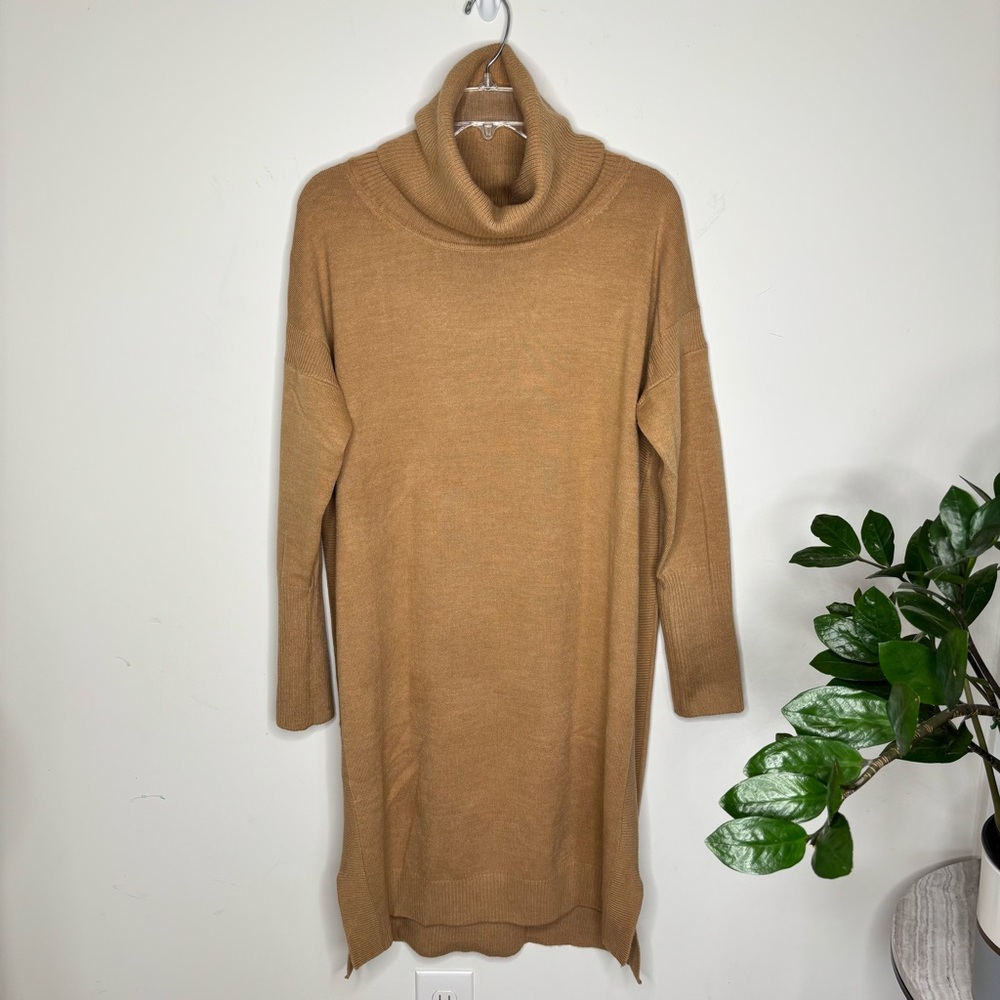BN6 French Connection Camel Mel Knit Baby Cowl neck Midi Dress Cozy Chic Large
